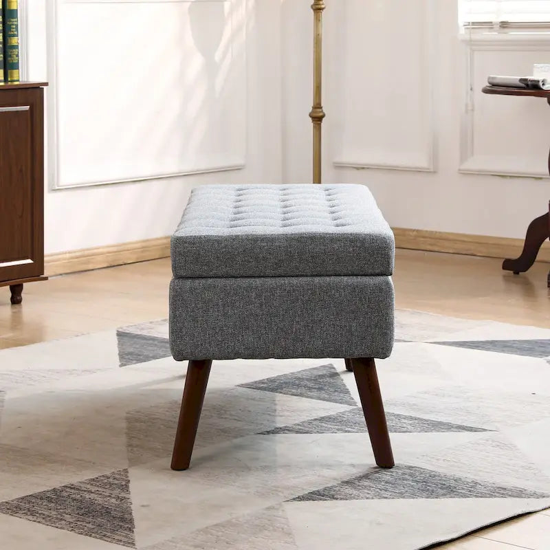 Grey Linen Tufted Storage Bench with Flip-Top Lid