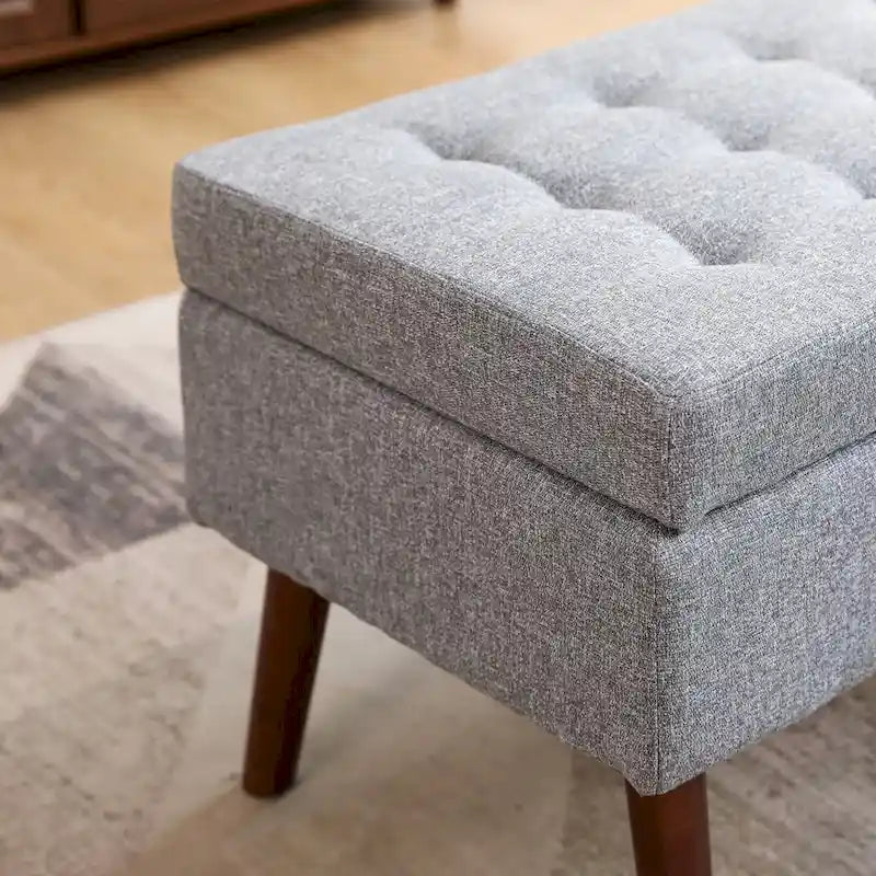 Grey Linen Tufted Storage Bench with Flip-Top Lid