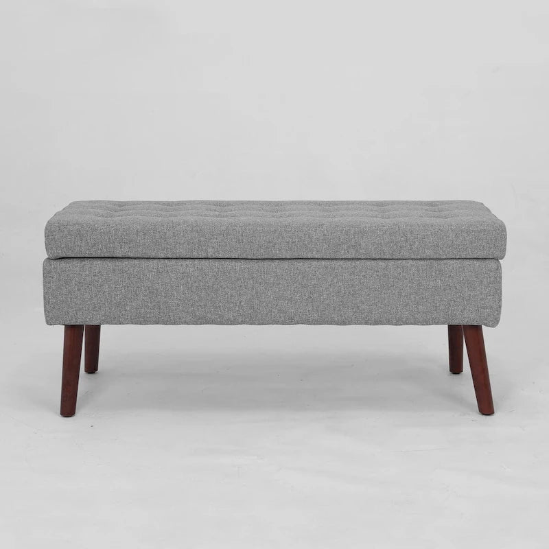 Grey Linen Tufted Storage Bench with Flip-Top Lid
