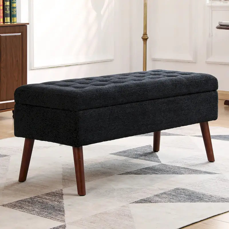 Grey Linen Tufted Storage Bench with Flip-Top Lid