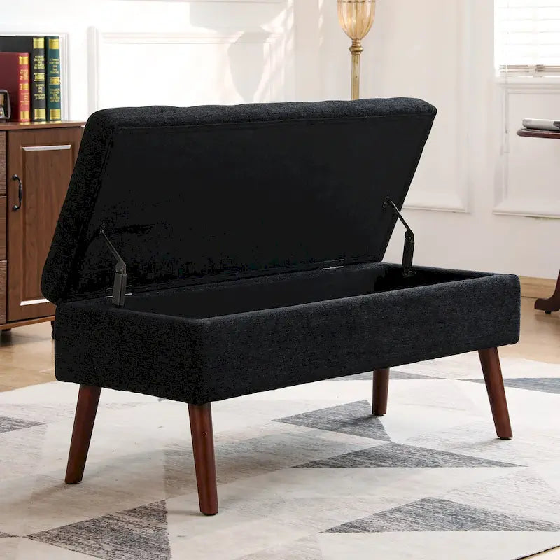 Grey Linen Tufted Storage Bench with Flip-Top Lid