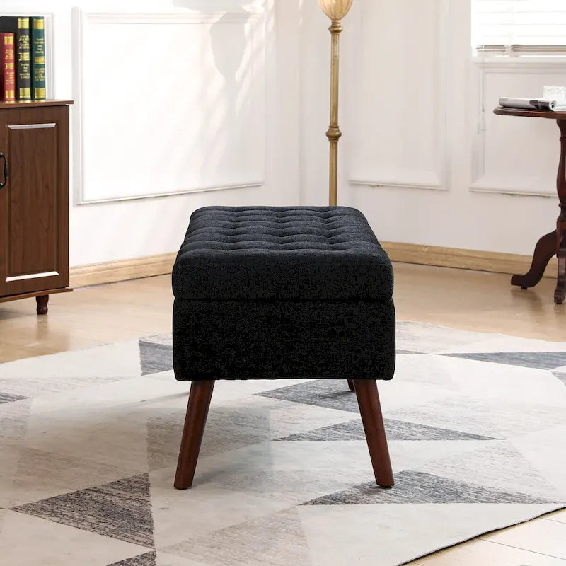 Grey Linen Tufted Storage Bench with Flip-Top Lid