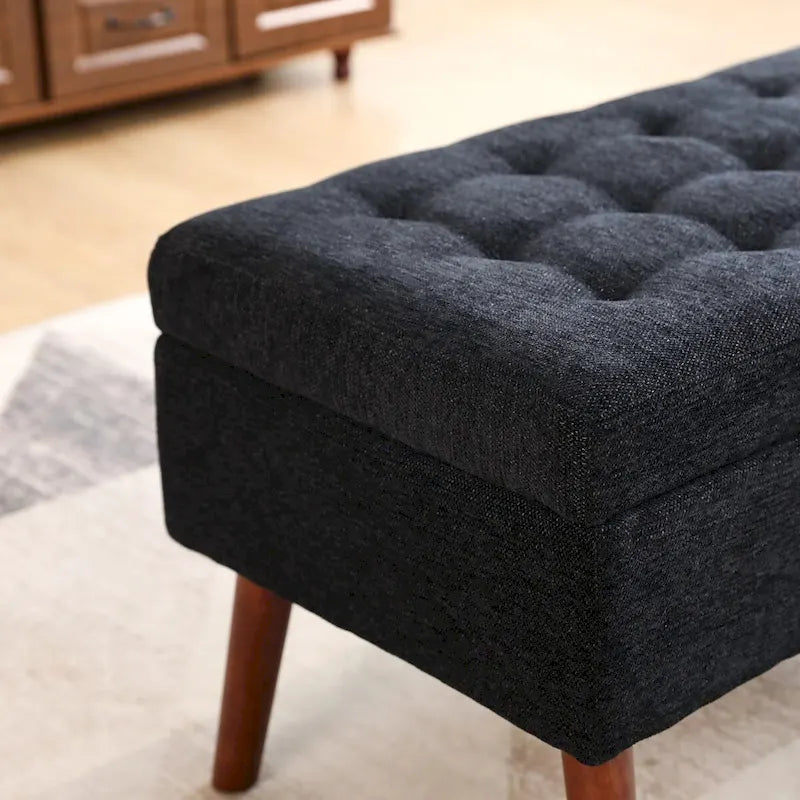 Grey Linen Tufted Storage Bench with Flip-Top Lid