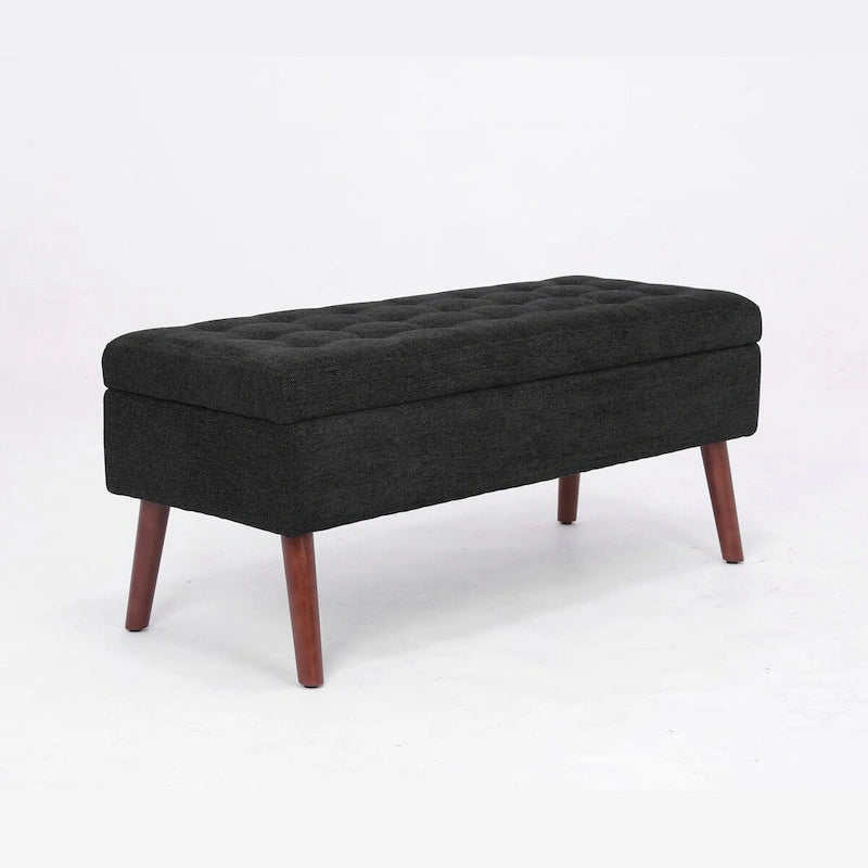 Grey Linen Tufted Storage Bench with Flip-Top Lid
