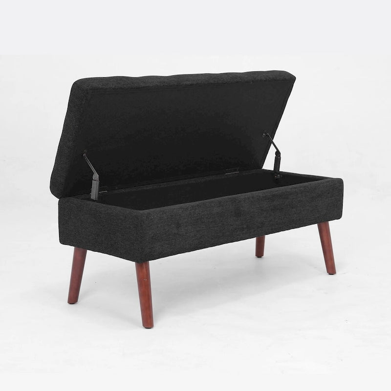 Grey Linen Tufted Storage Bench with Flip-Top Lid